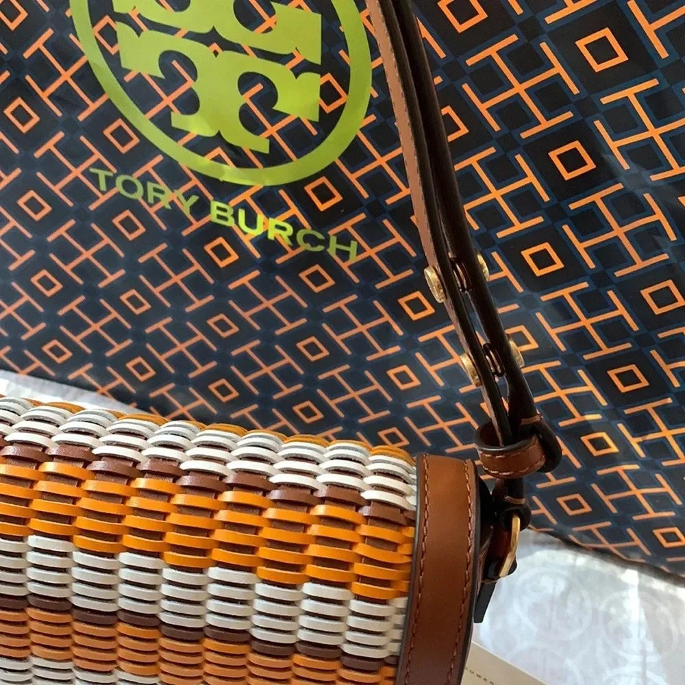Tory Burch Emerson Woven Crossbody Bag Multicolor Orange White Tan Brown Gold - Picture 15 of 15